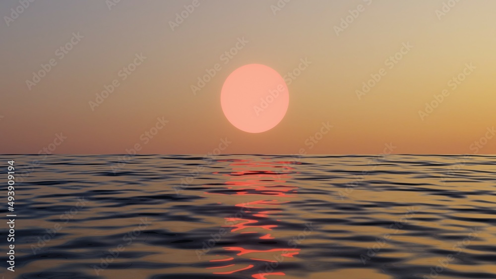 3D Rendering. Beautiful sunset or sunrise on the ocean. Sun light beam shining through the cloudscape. Wave And Reflection Slow Motion
