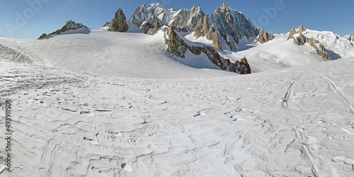The Mont Blanc and Mont Blanc glacier in the Mont Blanc massif, Courmayeur town, Italy