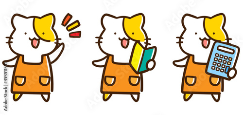 エプロンをつけたかわいいねこの手書き風イラストセット