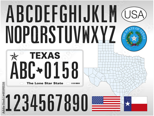 Texas state car license plate, letters, numbers and symbols, vector illustration, United States of America