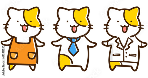 色々な職業の服を着たかわいいねこのキャラクターの手書き風イラストセット