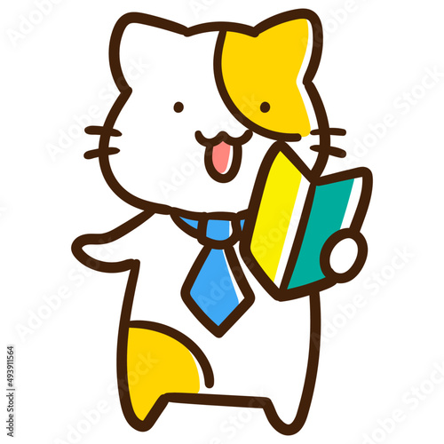 初心者マークを持つかわいい会社員ねこの手書き風イラスト