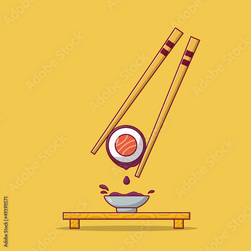 Sushi and Soy Sauce with Chopstick Vector Icon Illustration. Japanese Food Vector. Flat Cartoon Style Suitable for Web Landing Page, Banner, Flyer, Sticker, Wallpaper, Background