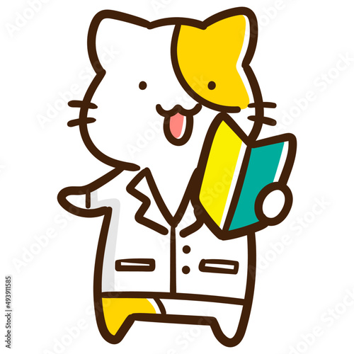 初心者マークを持つ白衣を着たねこのかわいい手書き風イラスト