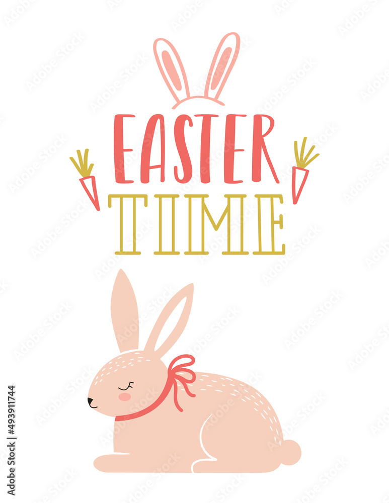 Easter greeting card with a cute pink Easter bunny sleeping in the grass and a hand lettering phrase - Easter time. Color flat cartoon vector illustration on white background