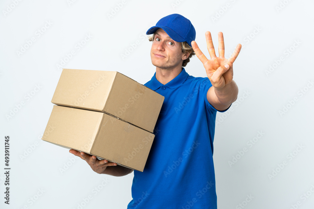 Delivery man over isolated white background happy and counting four with fingers Delivery man over isolated white background happy and counting four with fingers