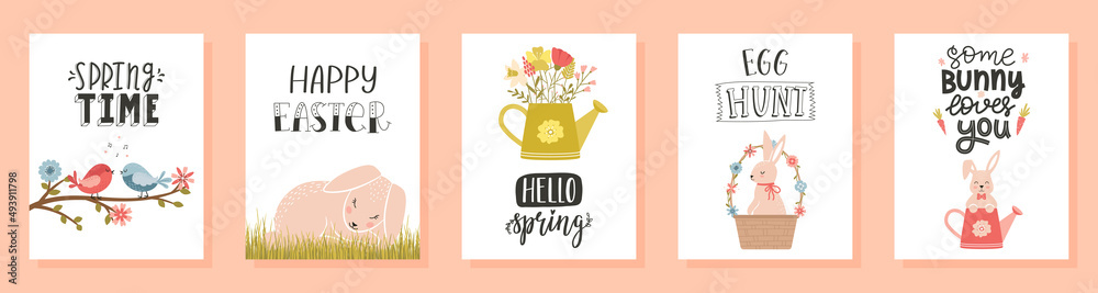 A set of Easter, spring greeting cards with handwritten lettering phrases, cute rabbits, flowers, birds. Happy Easter, springtime. Vector illustrations in a cute cartoon style on a white background.