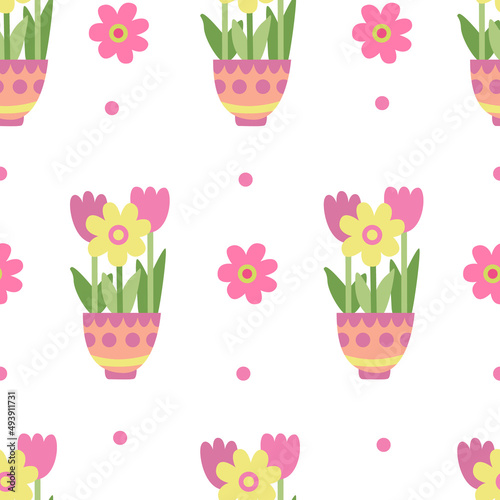 Vector seamless pattern with colorful spring flowers in pots. Great for fabric, wrapping papers, Easter design. Hand drawn flat illustration on white background.