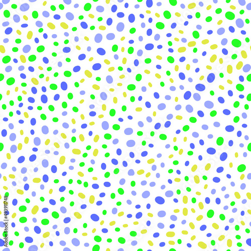 Bright multicolored pattern. Blue, yellow, cyan and green spots on a white background. Seamless vector texture design.