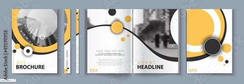 Cover design. Business Template Brochure. City office photo, city. Yellow and black design, catalog, layout. White Techno. book, booklet, album, poster. Annual report, title. Ad text, font, a4 format