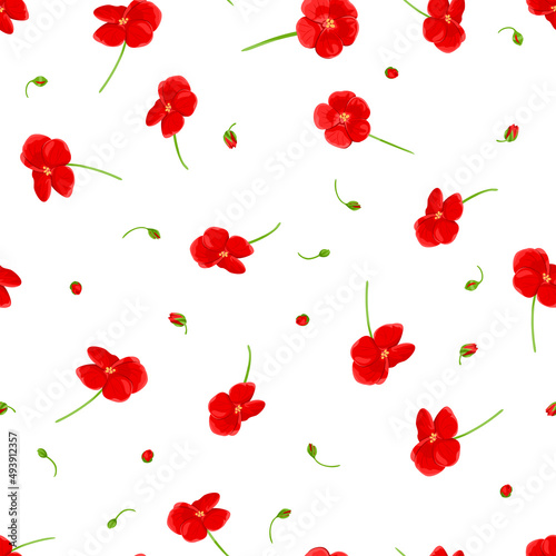 Red flowers and buds on white. Floral background. Vector seamless pattern with plants. Botanical illustration in cartoon flat style.