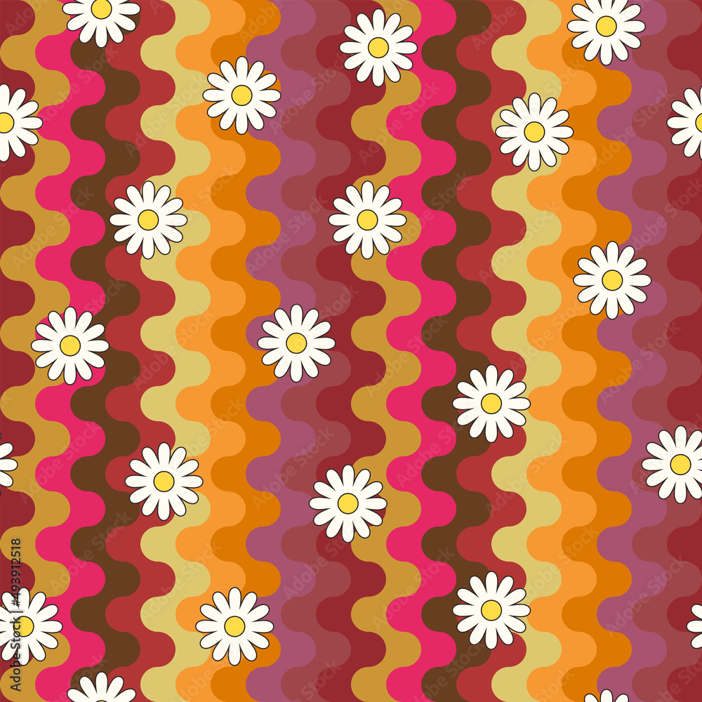 Psychedelic hippie surface pattern design. Abstract seamless vector pattern. Chamomile flowers and wavy stripes, 60s, 70s retro style. vintage floral background