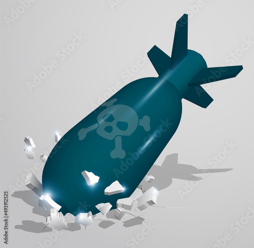 Isometric Bomb, mortar shell crashed into the ground at high speed and breaks into shards, cracks. Inflicting heavy damage. Vector