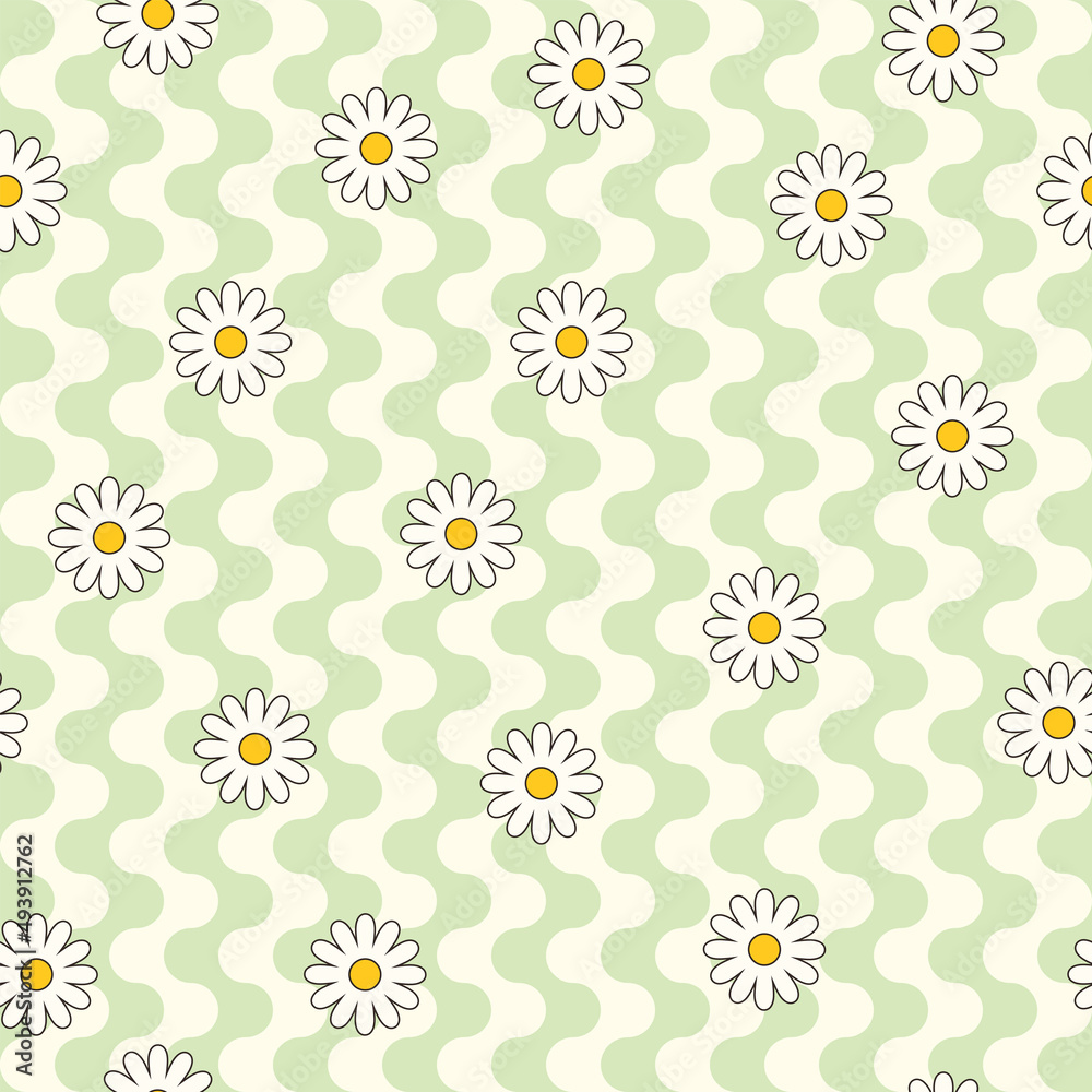Psychedelic hippie surface pattern design. Abstract seamless vector pattern. Chamomile flowers and wavy stripes, 60s, 70s retro style. vintage floral background Psychedelic hippie surface pattern design. Abstract seamless vector pattern. Chamomile flowers and wavy stripes, 60s, 70s retro style. vintage floral background