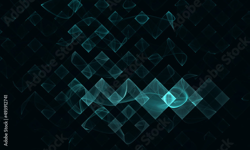 Geometric 3d pattern of turquoise squares with glowing digital fluids in dark space. Graphic flow illusion, technological architecture of rhythm. Great as cover print for electronics.