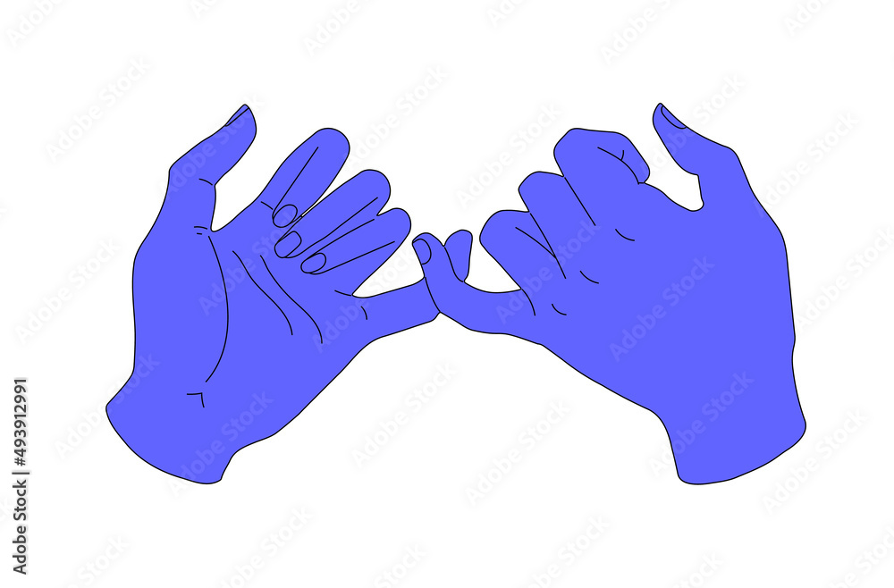 Pinky promise. Color silhouette of blue hands. The contour of the little fingers. Vector illustration of a pair of people's hands swearing on a white background. Pinky promise. Color silhouette of blue hands. The contour of the little fingers. Vector illustration of a pair of people's hands swearing on a white background.