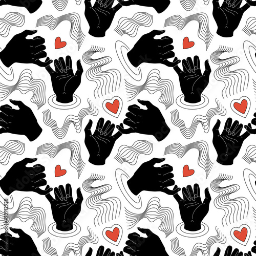 Pinky promise. Seamless pattern black silhouette of hands with red heart. Vector illustration of a couple swearing on a white background. Trend lines.