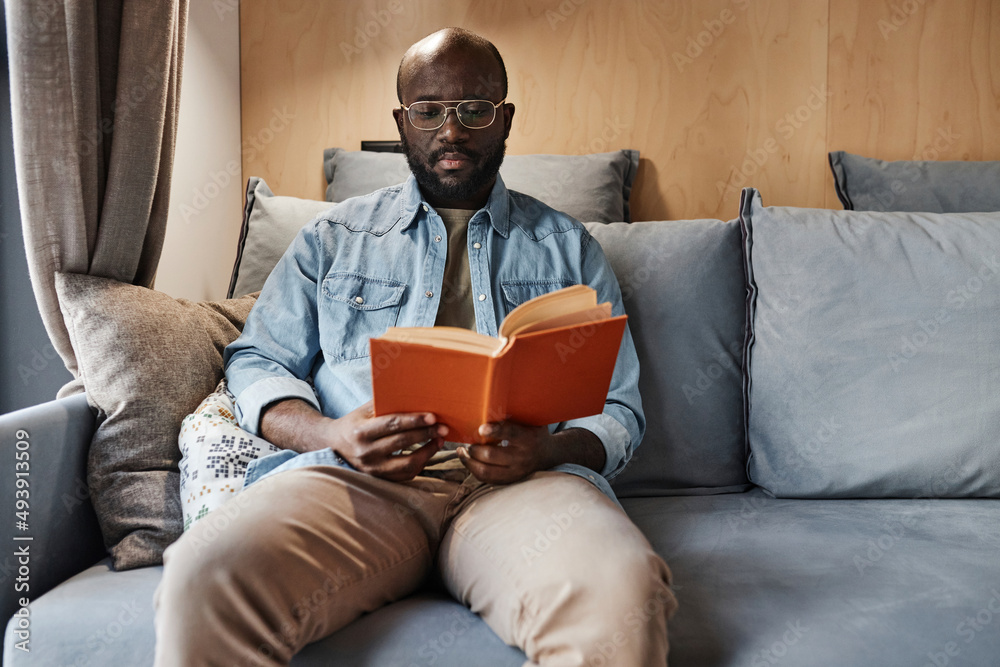 Man reading novel sitting on sofa at home Man reading novel sitting on sofa at home