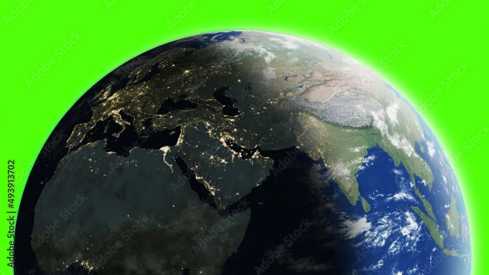Planet earth rotation - computer generated animation. Night to day change. Realistic world globe moving at green background. Seamless loopable animation.
