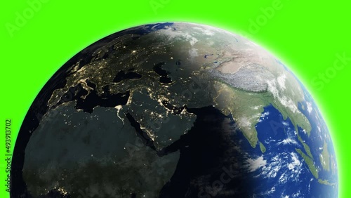 Planet earth rotation - computer generated animation. Night to day change. Realistic world globe moving at green background. Seamless loopable animation.