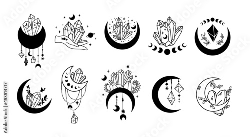 Mystical boho floral and crustal moon isolated cliparts bundle, celestial magic moon collection, diamonds and moon set, silhouettes of luna, esoteric objects