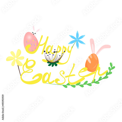 cute hand drawn HAPPY EASTER vector illustration  card template.Spring flowers with Easter bunny and colorful eggs on a white background