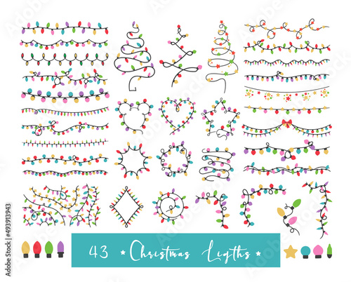 Christmas lights colorful isolated clip arts bundle, Christmas garlanr set, funny lights strings pink blue red set, printable new year decor