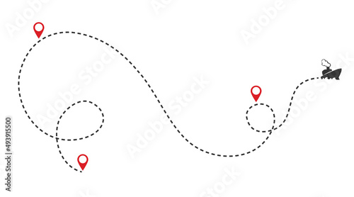 International shipping over seas. Ship on the route with pointers. Vector