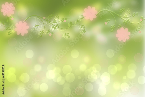 Hello spring background. Abstract bright spring or summer landscape texture with natural green yellow bokeh lights sun, flowers and bright sunny rays. Spring or summer backdrop with copy space.