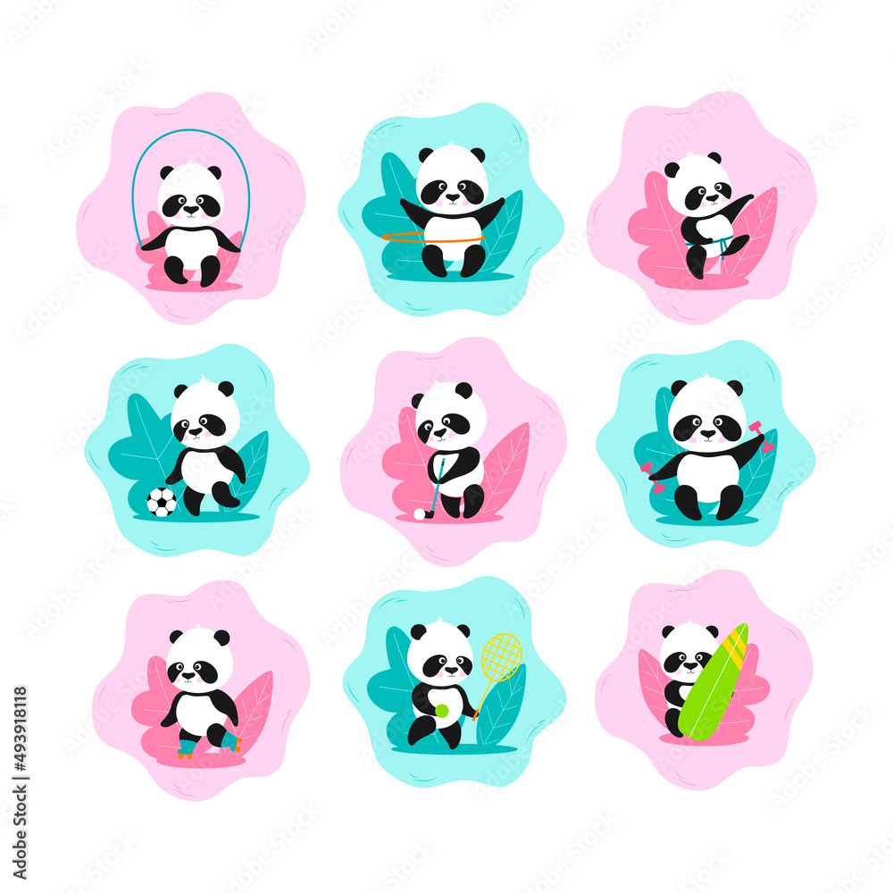 Panda and sport concept. Cute panda playing golf, soccer and tennis cartoon illustration. Vector Panda bear character in flat style. Fitness set. Panda and sport concept. Cute panda playing golf, soccer and tennis cartoon illustration. Vector Panda bear character in flat style. Fitness set.