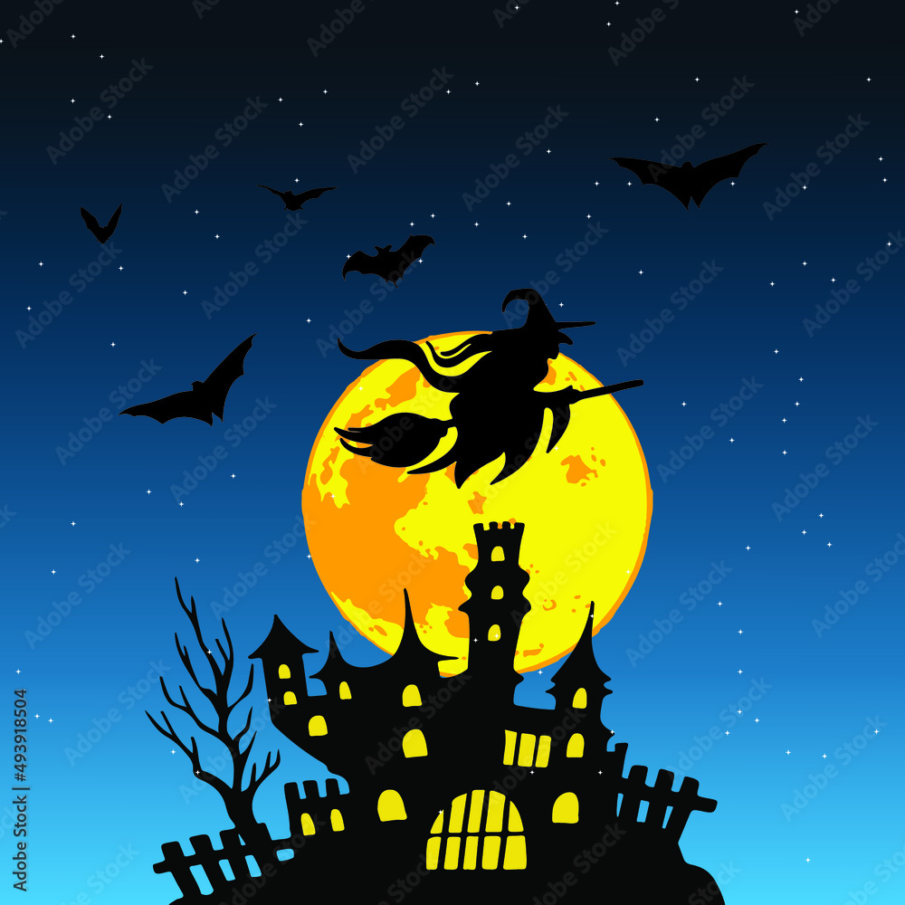halloween background with witch and bats