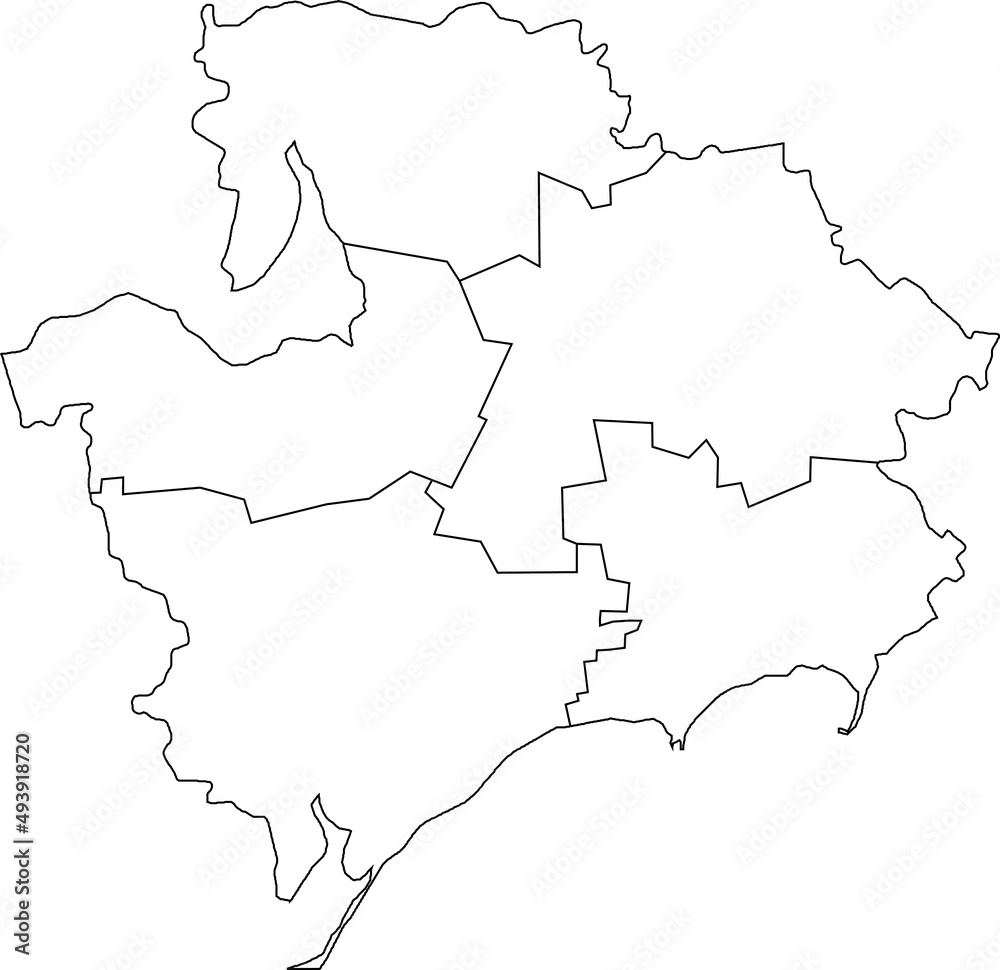 White flat blank vector map of raion areas of the Ukrainian administrative area of ZAPORIZHIA OBLAST, UKRAINE with black border lines of its raions