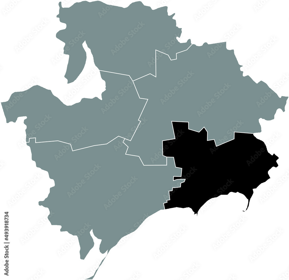 Fototapeta premium Black flat blank highlighted location map of the BERDYANSK RAION inside gray raions map of the Ukrainian administrative area of Zaporizhia Oblast, Ukraine