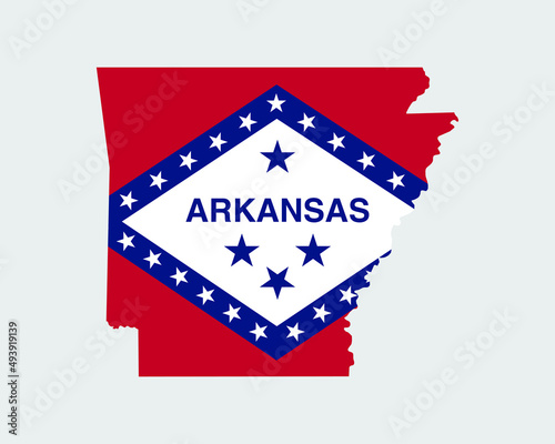 Arkansas Map Flag. Map of Arkansas, USA with the state flag of Arkansas. United States, America, American, United States of America, US, AR State banner. Vector illustration.