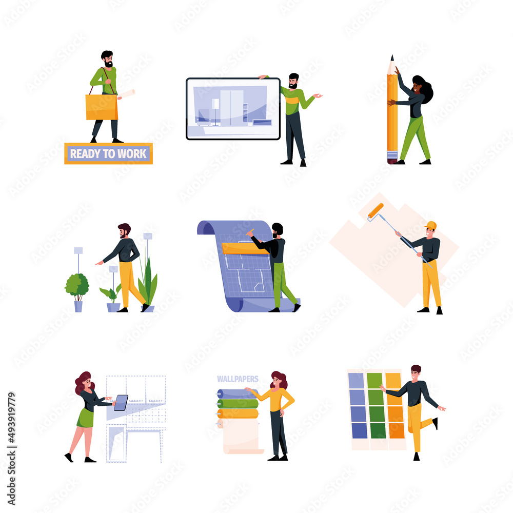 Fototapeta premium Creating an interior. Designers artists architects decorating and renovate modern house industrial projects of graphic studio garish vector people