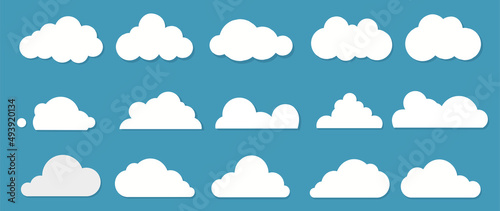 White flat clouds collection on the blue background. Vector
