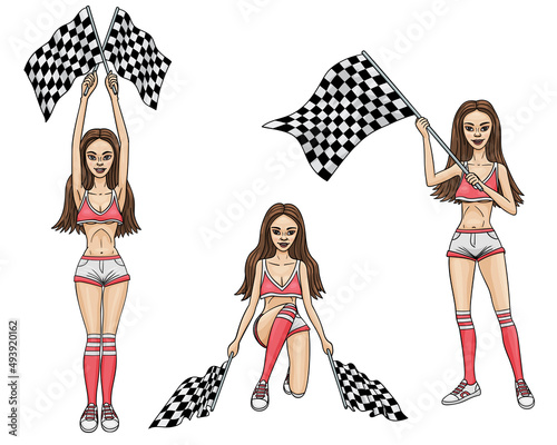 A girl with a checkered flag at the start and finish of the race.