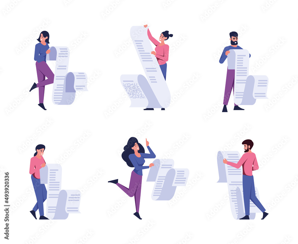 People with papers. Checklists business documents persons subscribe contracts partnership characters enterpreneurs garish vector templates in flat style