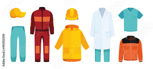 Workwear. Professional clothes uniformed personal security equipment comfortable pants and jackets plumber helmets courier suit garish vector collection of modern workwear