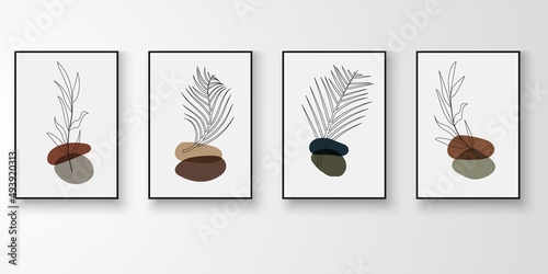 Set of wall art.Foliage line art drawing with abstract organic shape composition earth tone. Leaf, stone art vector illustration.