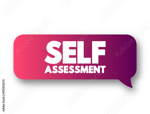 Self Assessment - process of looking at oneself in order to assess aspects that are important to one's identity, text concept message bubble