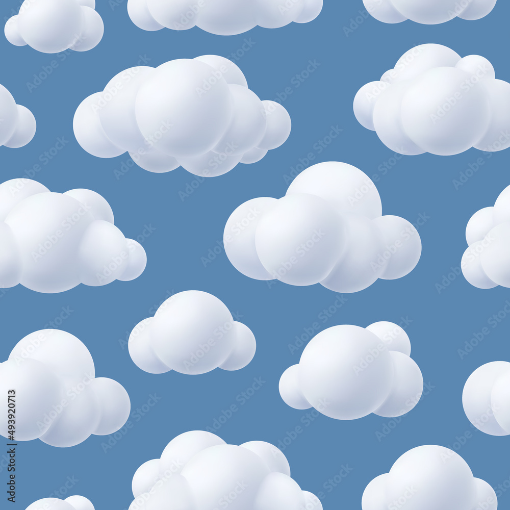 Clouds pattern. Fluffy realistic plastic outdoor clouds stylized forms decent vector seamless background for textile design projects