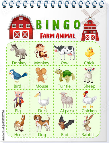 Bingo game with farm animals theme