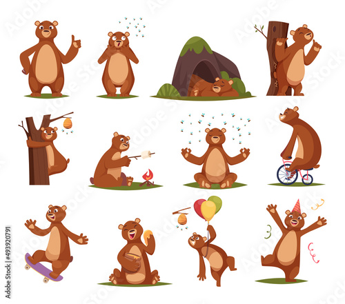 Funny bear. Cartoon bear mammals in action poses exact vector comic set illustrations of wild animals