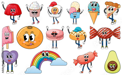 Set of facial expression with vintage style food cartoon on white background