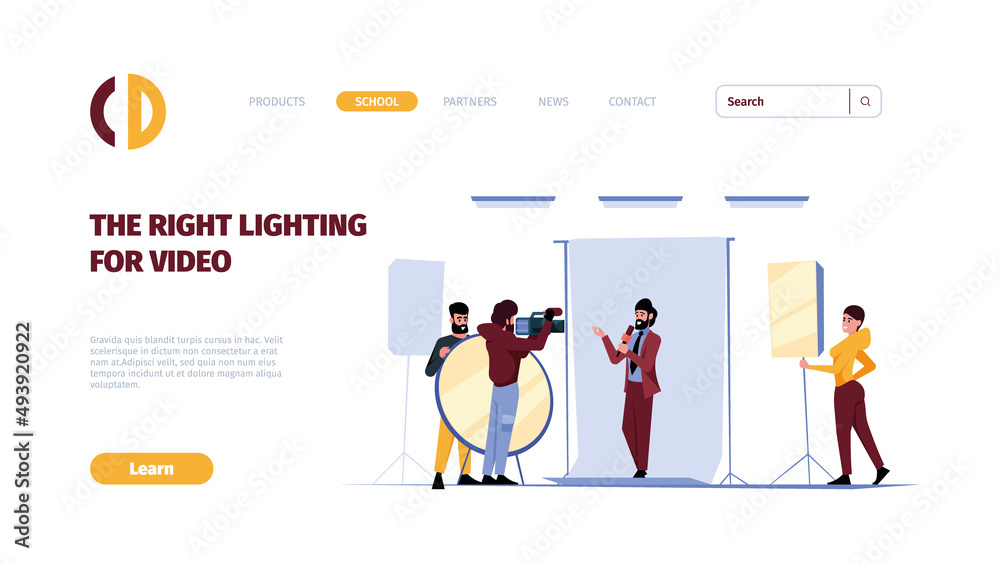 Installing electricity landing. Engineers in uniform decorated interior with bulbs garish vector web page template with place for personal text