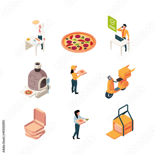 Pizza logistic. Food production and delivery service garish vector isometric pictures of pizza cooking