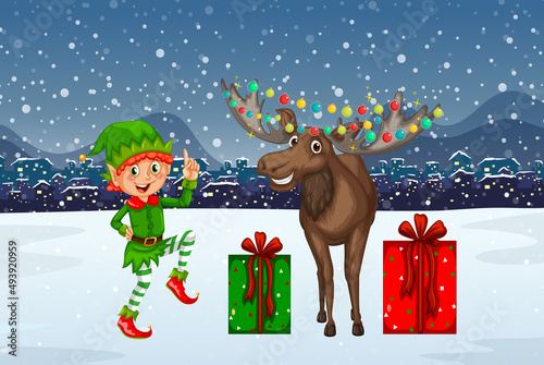 Snowy night scene with Christmas cartoon characters