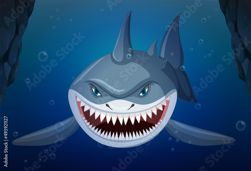 Aggressive shark underwater deep sea background
