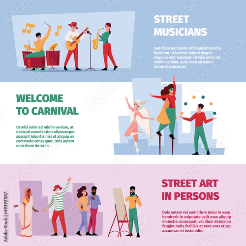 Street artists. Horizontal banners with outdoor urban performance musicians dancers clowns showing tricks garish vector print design template